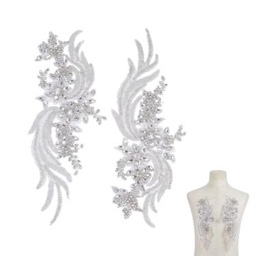 Imagem de HOBBIESAY 2 peças de apliques de flores bordados brancos com strass e contas de renda aplique decorativo para mulheres roupas faça você mesmo costura artesanato acessórios de fantasia 37,6 x 9,7 cm