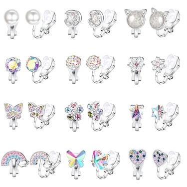 Imagem de 12 pares de brincos de pressão para mulheres, fofos, gatos, coração, desenhos de arco-íris, detalhes em strass, sem necessidade de piercing