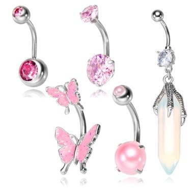 Imagem de ZKJTEARY 5 peças de anéis de umbigo para mulheres de aço cirúrgico titânio longo flutuante anel de umbigo pingente umbigo piercing kit rosa roxo azul joia corporal, Medium, Aço inoxidável, Sem Pedra