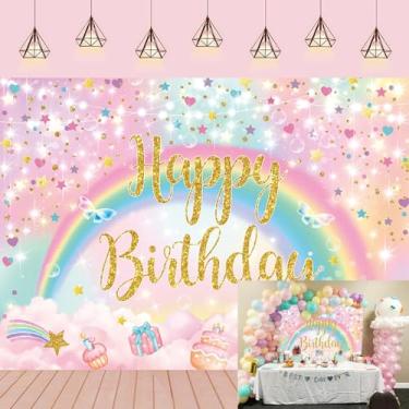 Imagem de Pano de fundo arco-íris para fotografia, decorações de festa de aniversário de arco-íris, nuvens coloridas, faixa com glitter, infantil, chá de bebê, festa, bolo, suprimentos de mesa (20 x 1,8 m)