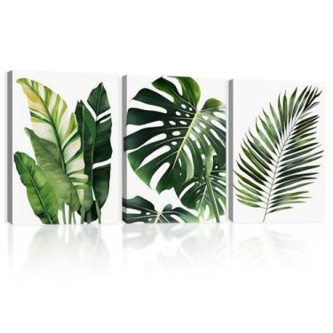 Imagem de Impressão em tela emoldurada com 3 peças, folha botânica, planta moderna, folhas de palmeira, folha de bananeira, decoração de arte de parede, pôster em tela, galeria, banheiro, quarto, sala de estar