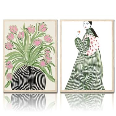 Imagem de 2 peças de arte de parede em tela emoldurada tulipas vaso feminino casaco flores verde claro pôster abstrato moderno botânico e impressões de retrato para sala de estar ou quarto galeria estilo