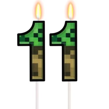 Imagem de Velas de aniversário de mineiro de 11º pixel, vela número 11, topo de bolo pixels para meninos e meninas, decorações de aniversário com tema de jogo, suprimentos de festa (grande)