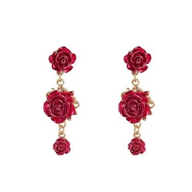 Imagem de YUNXI Brincos femininos com pingente de flor de rosa vermelha com borla longa, Large, Resina, Sem pedra preciosa