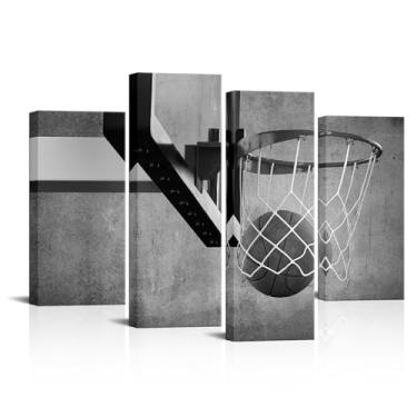 Imagem de iLOOKLiKE Arte de parede em tela de basquete preto e branco com estampa de cesta de basquete arte emoldurada para quarto de meninos adolescentes e quarto de crianças pronto para pendurar