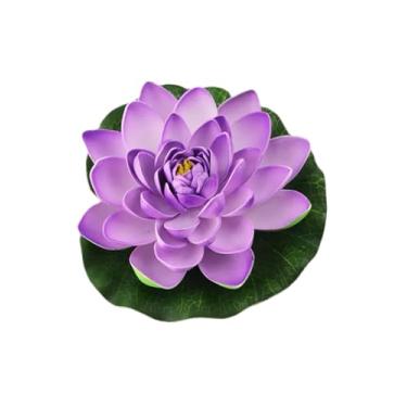 Imagem de Tangseajiao 1 flor de lótus artificial de espuma flutuante roxa com almofada de lírio d'água, ornamento realista para decoração de aquário e lagoa de jardim