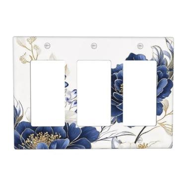 Imagem de BHGAHD Capas decorativas de tomada, design floral peônias azuis e brancas com detalhes dourados, placa de parede de 3 gangs, capas para interruptores de luz tripla, capa de placa de interruptor