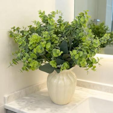 Imagem de 10 peças/conjunto de folhas ovais artificiais mistas de eucalipto a granel com sementes brancas caules e spray para decoração de vaso floral de guirlanda de casamento (37 x 18 cm)