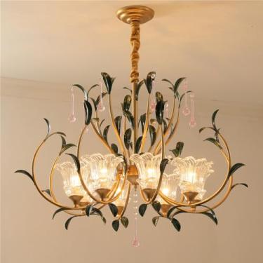 Imagem de Lustre Pastoral Francês com Flores Americanas - Luminária Pendente Decorativa LED para Sala de Estar, Restaurante, Quarto, Villa, Café, Loja de Roupas e Casa (G 8 Lâmpadas)