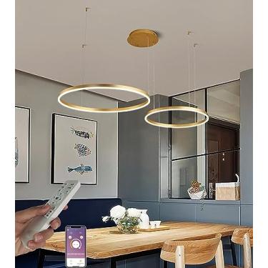 Imagem de Luminária pendente LED em formato de anel, com intensidade regulável, ideal para sala de estar, quarto e sala de jantar. Possui controle remoto e é feita de acrílico (dourado, 2 voltas, Ø40+