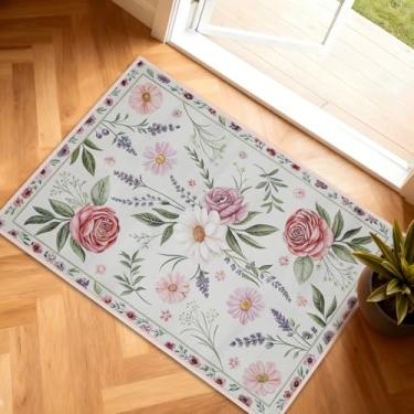 Imagem de NUOVARUGS Tapetes para entrada 5 x 7 cm floral tapete de porta interno vintage lavável antiderrapante rosa pequeno tapete baixo porta frontal tapete floral clássico retrô para decoração de quarto de