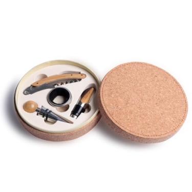 Imagem de Kit Vinho Premium 4 Peças - Estojo Redondo de Cortiça e Bambu - Saca Rolhas, Bico Servir, Anel e Tampa - Presente Sofisticado