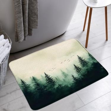 Imagem de AMFD Tapete de banho montanha floresta enevoada verde pinheiro nebuloso aquarela paisagem rústica selva ao ar livre banheiro banheira tapetes de chão tapete decoração de vaso sanitário, 45,7 x 76,2 cm