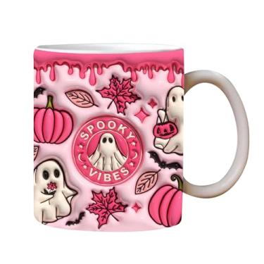 Imagem de Caneca assustadora de Halloween, copo de cerâmica de Halloween com design de abóbora e fantasma, caneca temática de doces ou travessuras para café, cerveja, vinho e sopa