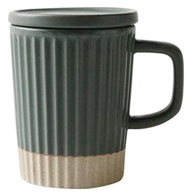 Imagem de Xícara de café de grés estilo japonês com tampa, copo de alça para escritório e casa, seguro para lava-louças e micro-ondas, 345 g para chá latte e leite - Caneca bonita verde escura