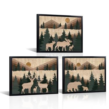 Imagem de Visual Art Decor Arte de parede rústica marrom urso, alce, veado, pintura de montanha, floresta, decoração de parede, cabine, moldura preta, 30,5 x 40,6 cm x 3 peças, fazenda sala de estar, quarto