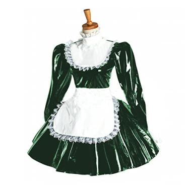 Imagem de Vestido feminino plus size bufante de manga comprida avental de renda PVC Wetlook Maid Costume, verde escuro, GG