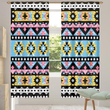 Imagem de 2 conjuntos de painéis cortinas astecas étnicas listradas transparentes, cortinas transparentes arejadas com filtro leve, painéis de cortina de porta e janela para sala de estar, quarto, jantar, 203