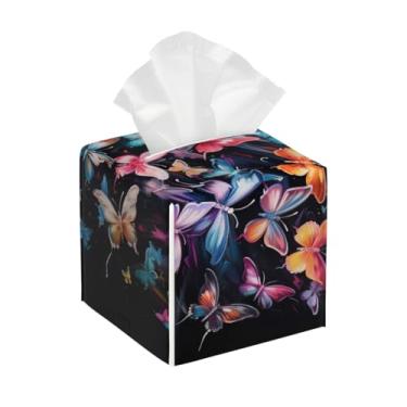 Imagem de Capa quadrada de couro para caixa de lenços de papel, impermeável, animal, borboleta, colorido, organizador de papel facial com cinto inferior, estojo de lenços para mesa, banheiro, escritório, mesa