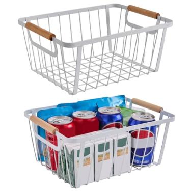 Imagem de Cestas de arame com cabo de madeira, cestas de armazenamento de arame de metal, cestas de armazenamento estilo vintage country. Cozinha, quarto, banheiro, branco, conjunto de 2