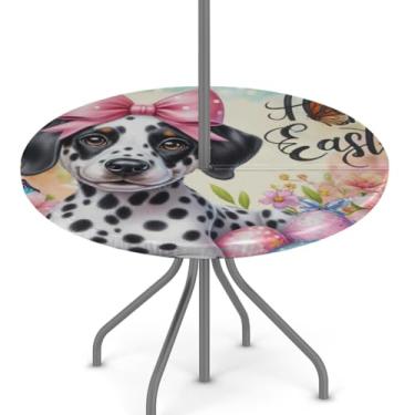 Imagem de hongjinglin Toalha de mesa de Páscoa para uso ao ar livre com orifício para guarda-chuva, toalha de mesa redonda elástica com zíper, impermeável, limpável, para piquenique, festa, pátio, serve para