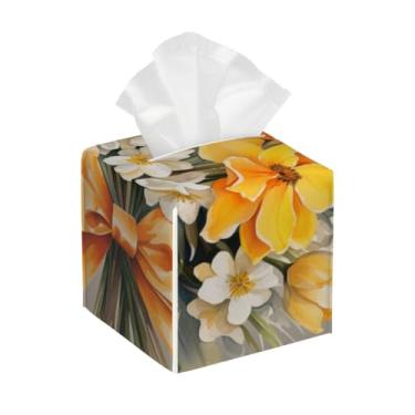 Imagem de Capa quadrada de couro para caixa de lenços de papel, à prova d'água, flores amarelas, lindo organizador de papel facial com cinto inferior, estojo de lenços para mesa, banheiro, escritório, mesa