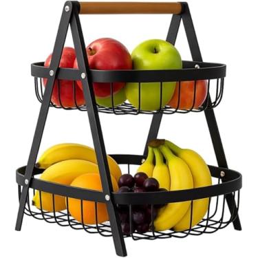 Imagem de Cesta de Frutas de 2 Níveis, Preta com Alça de Madeira, Suporte de Metal para Bancada, Organizador de Cozinha