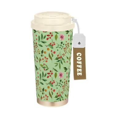 Imagem de SEHANY Caneca de viagem Green Leaves de 482 ml Copos de café reutilizáveis revestidos de cerâmica com tampa à prova de vazamento, parede dupla, isolamento a vácuo, copo de café de aço inoxidável para