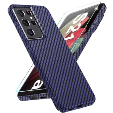 Imagem de Capa de fibra de carbono para Samsung Galaxy S21 Ultra com protetor de tela Slim Fit para Samsung S21 Ultra capa de telefone resistente durável queda fina híbrida PC capa de proteção rígida 5G (azul)