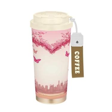 Imagem de SEHANY Caneca de viagem Neon Butterfly 482 g Copos de café reutilizáveis revestidos de cerâmica com tampa à prova de vazamento, parede dupla, isolamento a vácuo, copo de café de aço inoxidável para