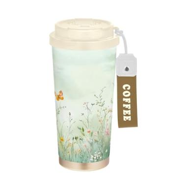 Imagem de SEHANY Caneca de viagem Green Grasses Wildflower 482 g Copos de café reutilizáveis revestidos de cerâmica com tampa à prova de vazamento, parede dupla, isolamento a vácuo, copo de café de aço