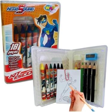 Imagem de Estojo Infantil Escolar Hero Squad,Com Lápis de Cor, Giz de Cera, Desenhos para Colorir, Borracha e Apontador 18 Peças