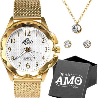 Imagem de Relogio Feminino Aço Dourado + Caixa + Colar + Pulseira social prova d