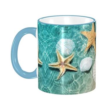 Imagem de Ourdovi Caneca de café expresso de cerâmica com padrão estrela do mar e conchas, caneca de cerâmica revestida DIY, para café, sopa, chá, leite, latte, cacau quente, colorido divertido 340 g.