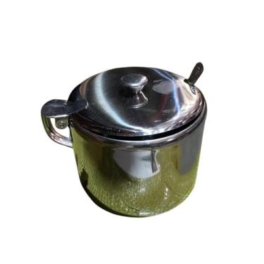 Imagem de Açucareiro de Aço Inox com Colher, 420ml, Fundo em Vidro Transparente, 10cm Diâmetro x 8,5cm Altura, Cor Inox