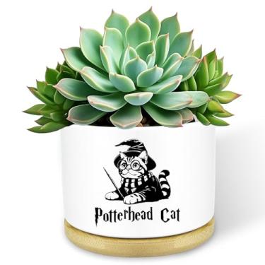 Imagem de Engraçado gato mágico cerâmica suculenta cacto flor vaso com bandeja de bambu, 3,5 polegadas janela jardim lindo vaso de gato vaso para decoração de mesa de casa plantador (sem plantas)