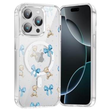 Imagem de FBHGLOA Capa de celular para iPhone 16 Pro de 6,3 polegadas com laços azuis fofos, compatível com MagSafe, capa protetora magnética transparente à prova de choque com estampa de urso de bolinhas à