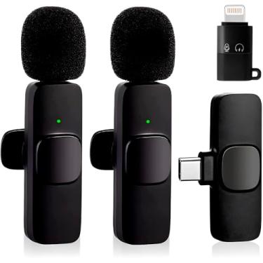 Imagem de 2 Microfone Sem Fio Duplo para iOS, Bluetooth 5.0, Preto, 6,5cm, com Receptor USB-C e Adaptador, Bateria 80mAh, Alcance 20m, para Criadores de Conteúdo