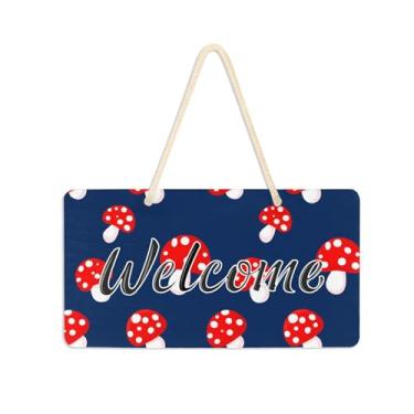 Imagem de Burbuja Placa de boas-vindas de cogumelos em azul escuro para porta da frente, placa de boas-vindas de PVC para decoração de férias, 15 x 28 cm