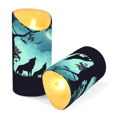 Imagem de Blueangle Pacote com 2 velas noturnas de lobo da lua sem chamas com controle remoto e temporizador, velas LED cintilantes (7,6 cm x 9,9 cm) para decoração de casa, casamento, acampamento (788)