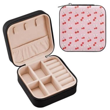 Imagem de YETTASBIN Caixa de joias de cerejas para adolescentes, meninas, mulheres, presente de aniversário, Natal, caixa de armazenamento portátil de couro PU, mini estojo de joias de viagem para colar