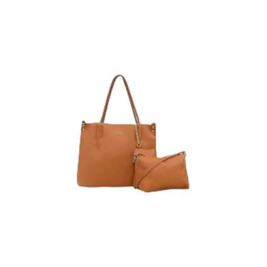Imagem de Kit 3 Peças Bolsa Feminina com Alça Trançada, Couro Sintético, Marrom, Inclui Bolsa Grande, Bolsa Transversal e Necessaire