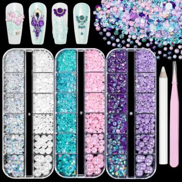 Imagem de 3 caixas de strass e pérolas para artesanato, azul e branco tamanhos mistos 2-8 mm resina gelatinosa strass e pérolas pedras preciosas para deslumbrar para maquiagem facial e olhos ou roupas DIY