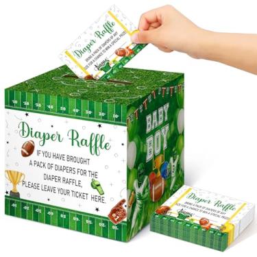Imagem de Teling 51 peças de bilhetes de sorteio de fraldas com cartão decorações de chá de bebê caixa de suporte de revelação de gênero para festa de sorteio de fraldas menina menino (Football Touch Down It's