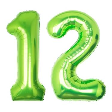 Imagem de SULALABOO Balão grande número 12 verde de 101 cm com número de hélio grande limão gigante digital 12ª folha Mylar balão grande para festa de aniversário de meninos decorações de formatura