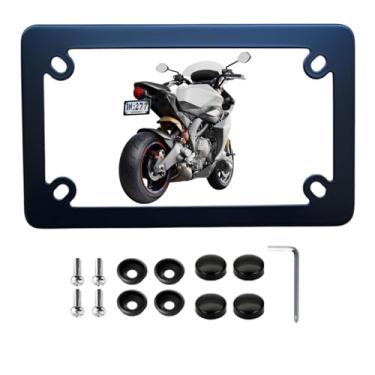Imagem de Molduras de placa de licença de motocicleta de aço inoxidável preto, suporte de etiqueta fosca para bicicleta, motocicleta, ciclomotor, scooter, suporte de metal legal com parafusos e tampas de porcas