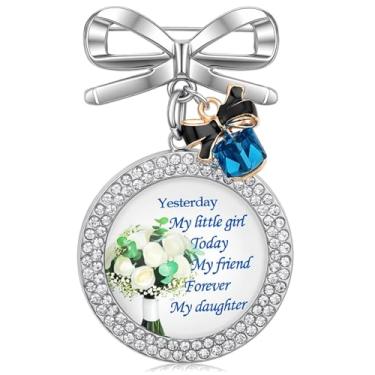 Imagem de Fullrainbow Something Blue for Bridal Charm, cristal strass presente de dia de casamento com pingente de asa de anjo, mensagem Today a Bride Tomorrow a Wife (Eu te amo minha filha. Estou perto)