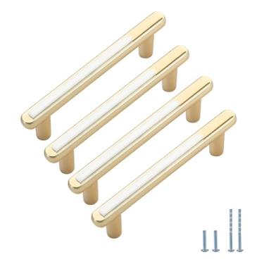 Imagem de Evionlin Pacote com 4 puxadores e puxadores de armário com esquema de cores douradas e brancas de 9,6 cm para cômoda de cozinha