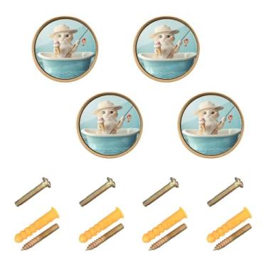 Imagem de Joisal Puxador de armário de gato pescador, pacote com 4, puxadores e puxadores de armário de banheiro dourados, ferragens de gaveta