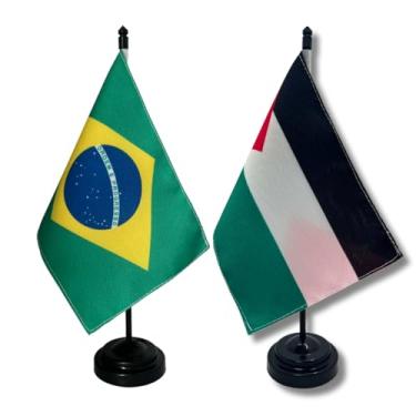 Imagem de Kit Bandeira de Mesa Brasil e Palestina, Dupla Face, Decorativa, Multicolorido, 19x13cm, Base Plástica, Altura 26cm, Tecido Oxford, para Escritório, Eventos e Festas